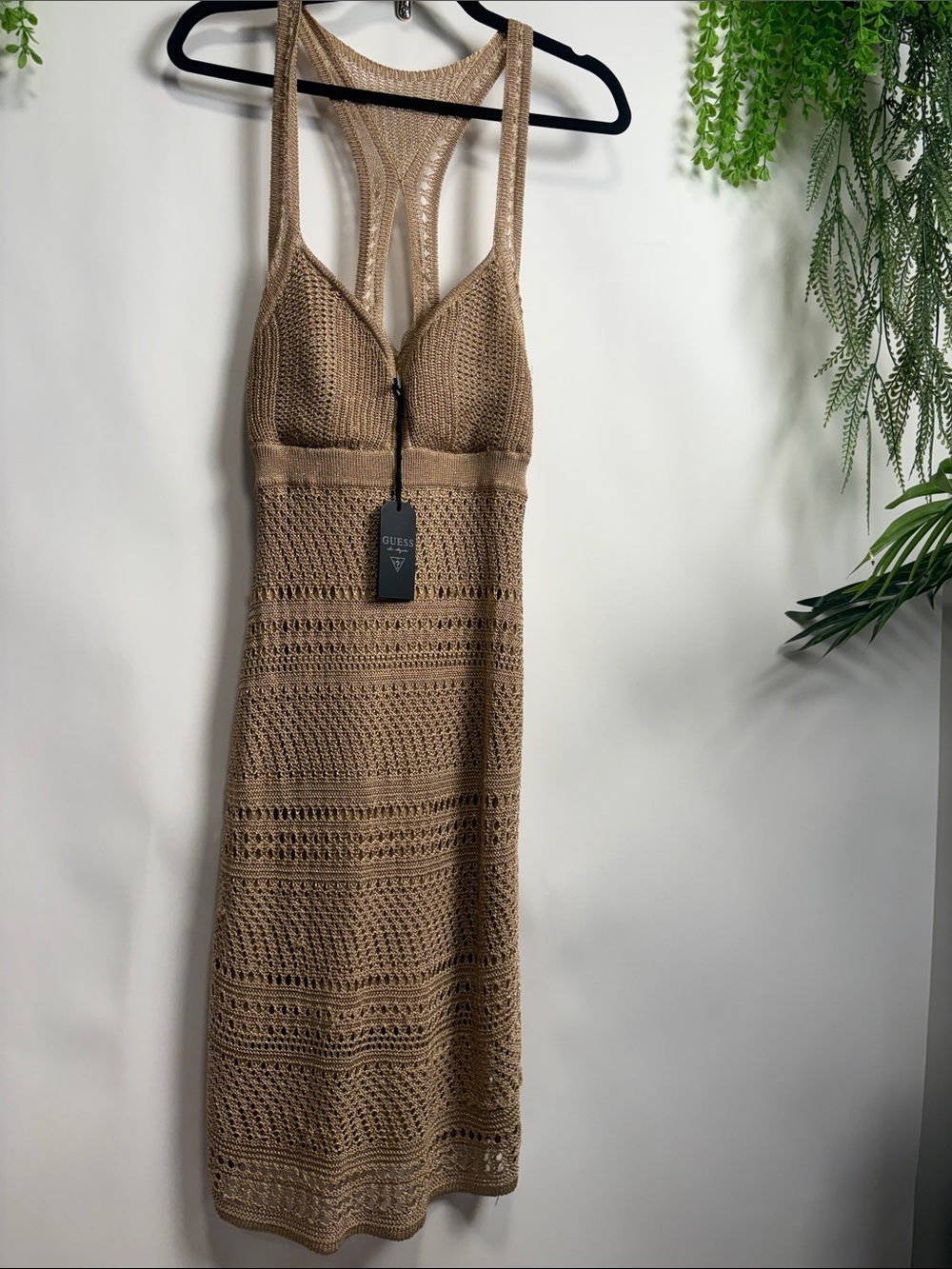 GUESS Tan Crochet Racerback Midi Dress